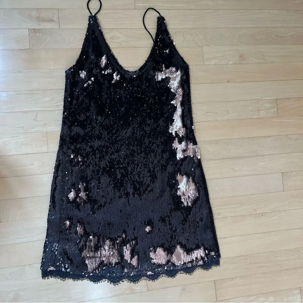 Free People Seeing Double Sequin Slip Dress in Black and Rose Gold S NWOT